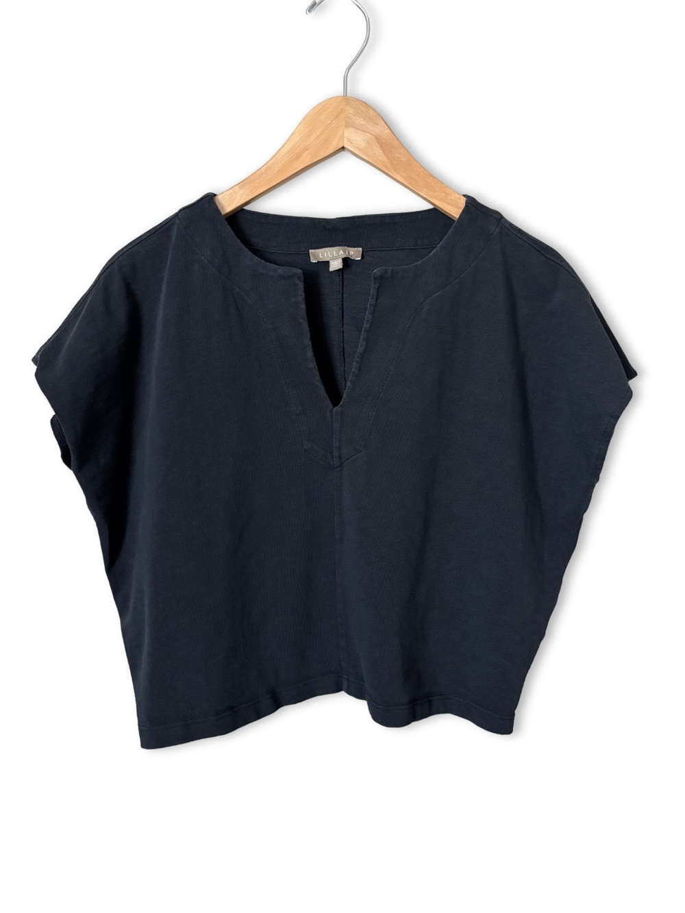 Lilla P Black 100% Cotton Split V-Neck Boxy Short Sleeve Tee Top Size XS Capsule